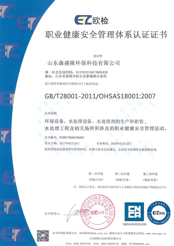 国际职业健康管理体系认证证书